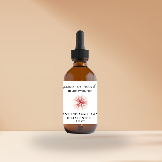 Bottle of 'Peace in Mind' holistic wellness anti-inflammatory herbal tincture.